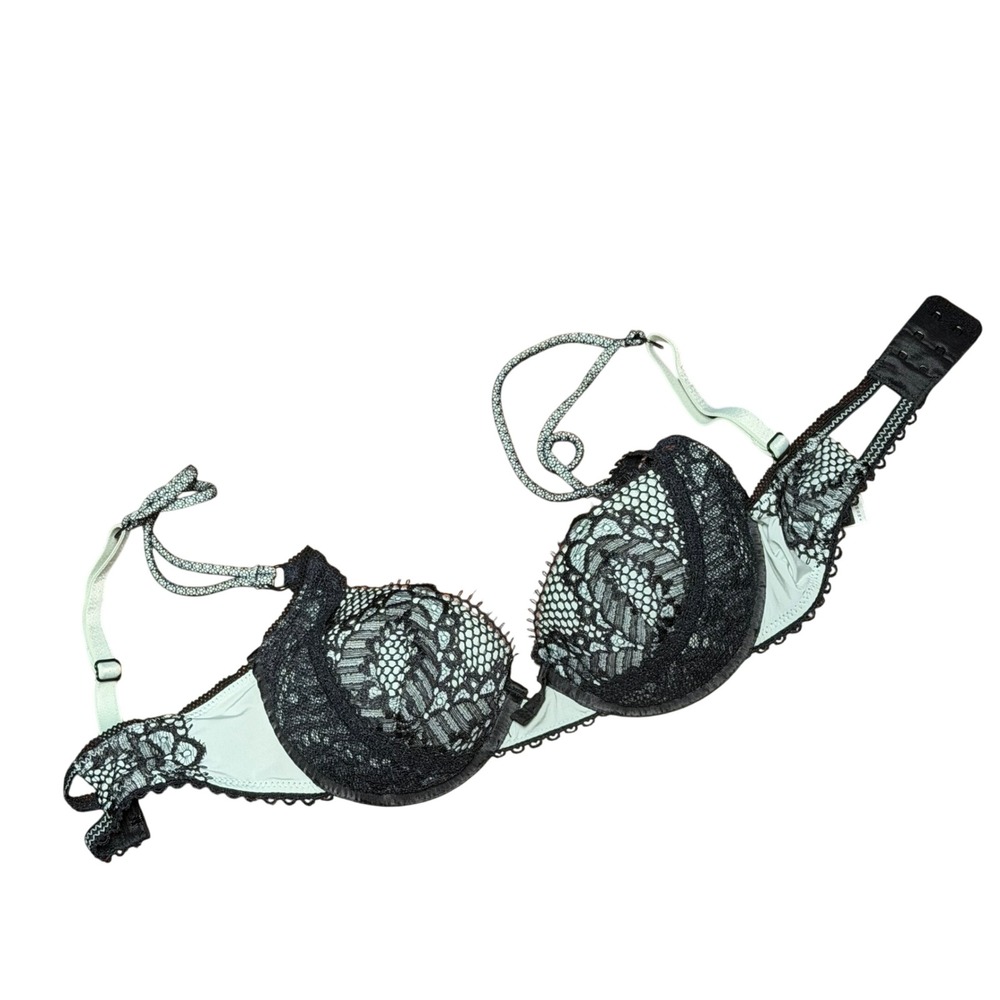 Black Lace Mint Green Push Up Bra 32A Coquette Boudoir Wedding Honeymoon